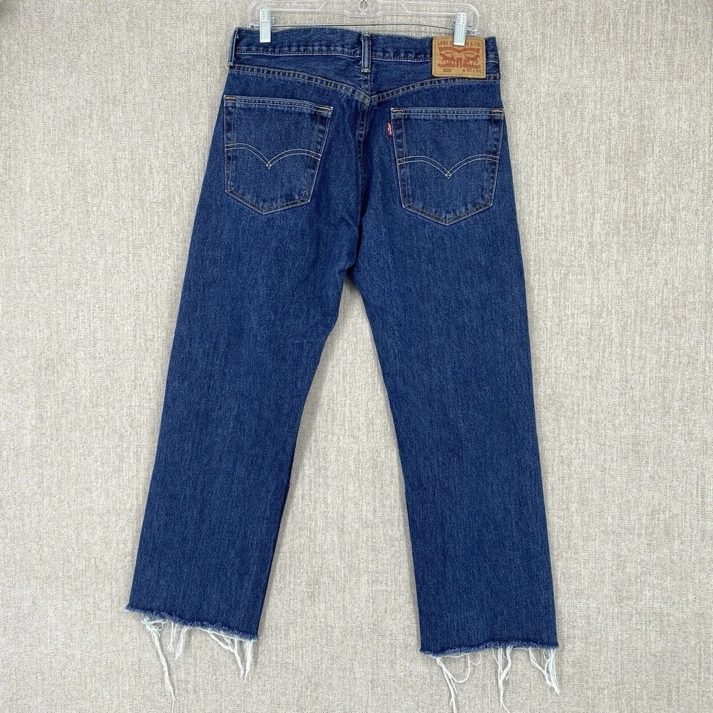 Levis 505 Regular Fit Jeans 32x34 Blue Distressed Raw Hem Straight Leg